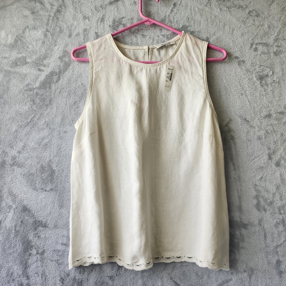 Madewell Linen Top Womens Medium Ivory Lace Trim Pleated Shell Tank 100% NWT